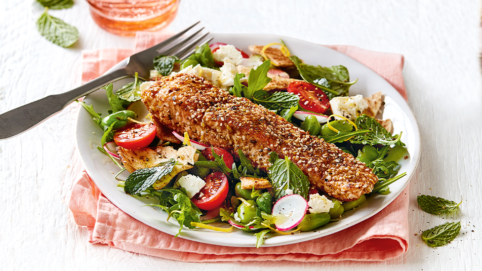 Easy dukkah-crusted salmon with broad bean salad